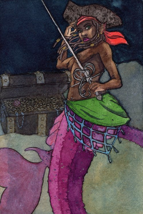 A painting of a mermaid pirate holding a sword in front of a treasure chest