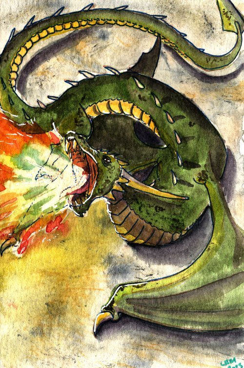 A green dragon spewing fire