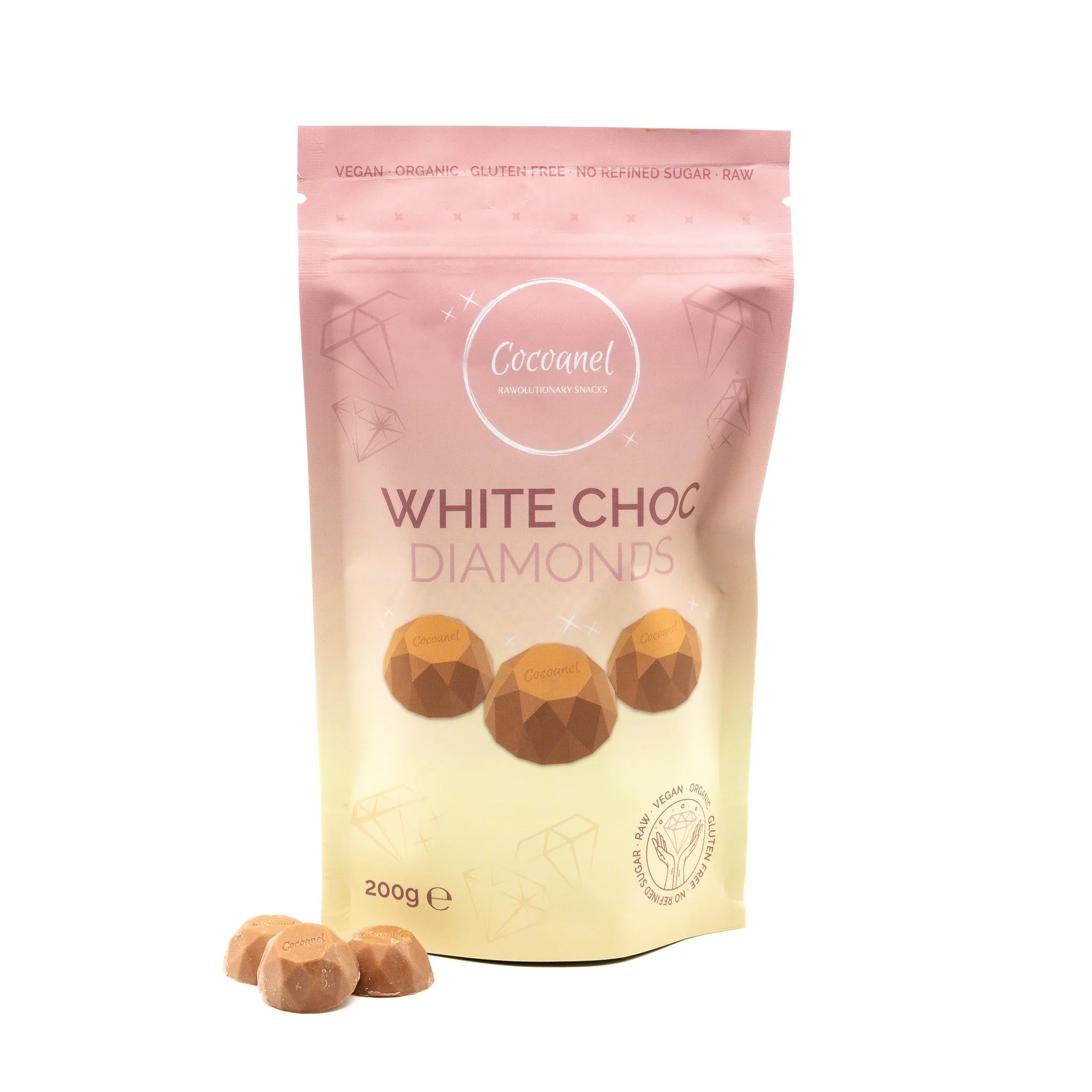 White Choc Diamonds – Vegane weiße Rohschokolade ohne raffinierten Zucker