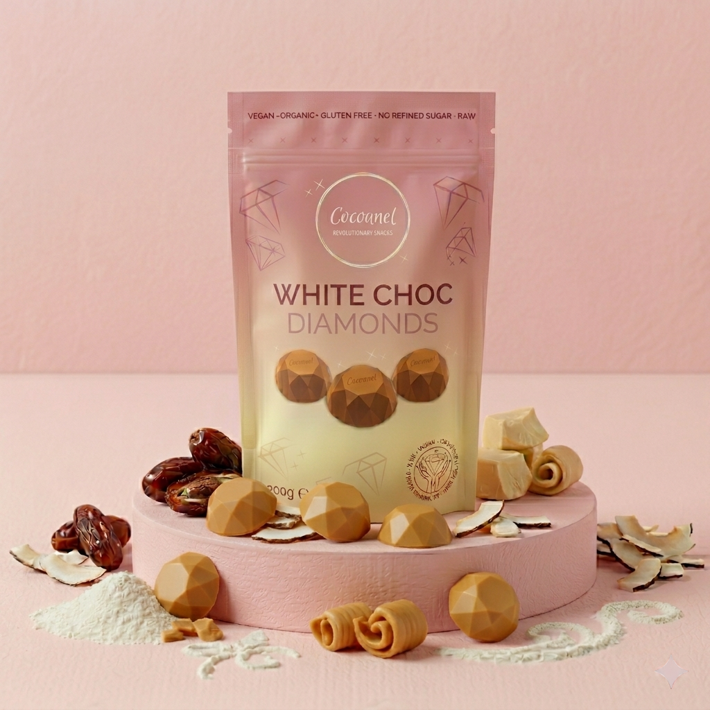 White Choc Diamonds – Vegane weiße Rohschokolade ohne raffinierten Zucker
