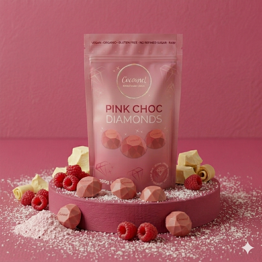 Pink Choc Diamonds – Vegane weiße Rohschokolade mit Himbeeren