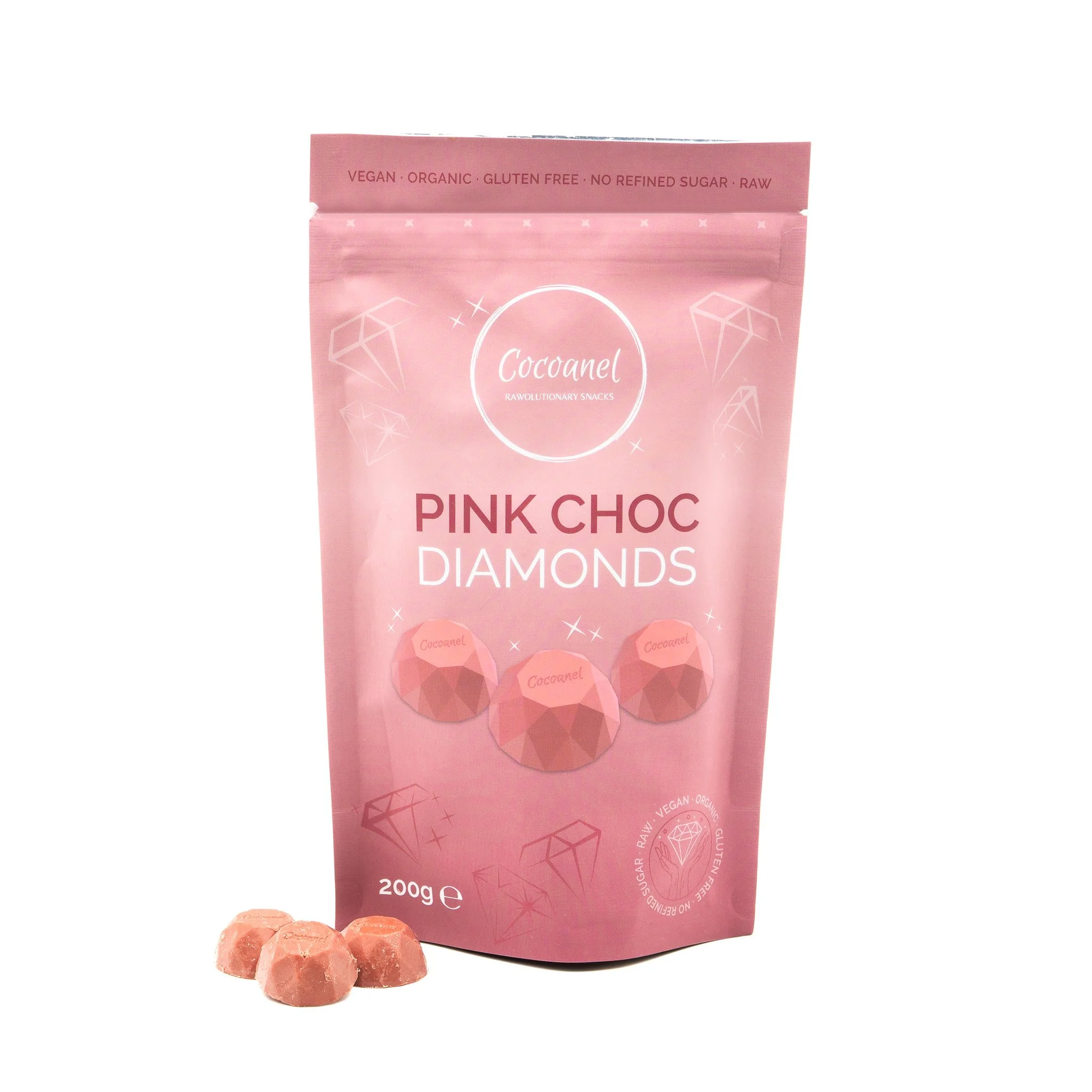 Pink Choc Diamonds – Vegane weiße Rohschokolade mit Himbeeren