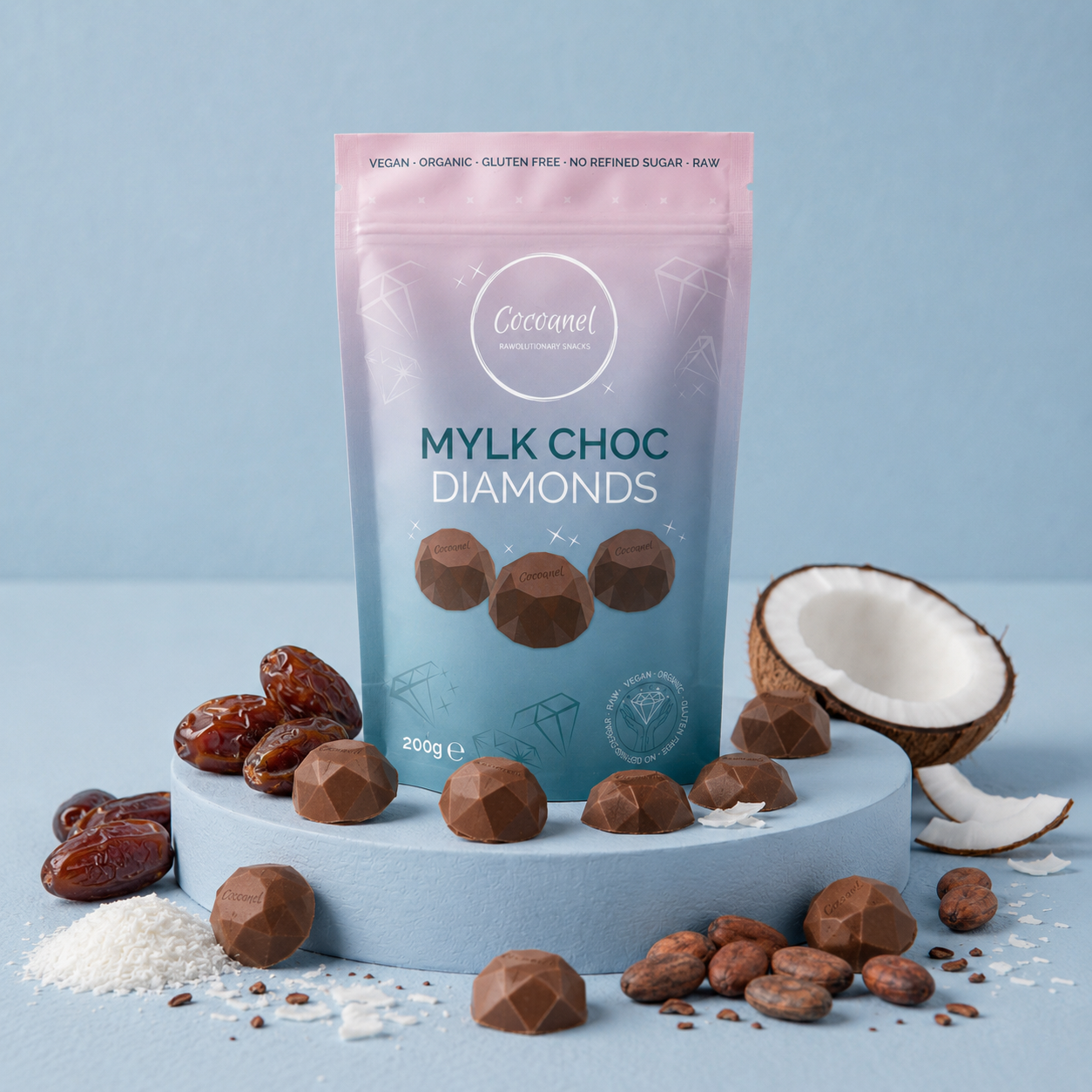 Mylk Choc Diamonds – Vegane Kokosmilchschokolade mit Datteln