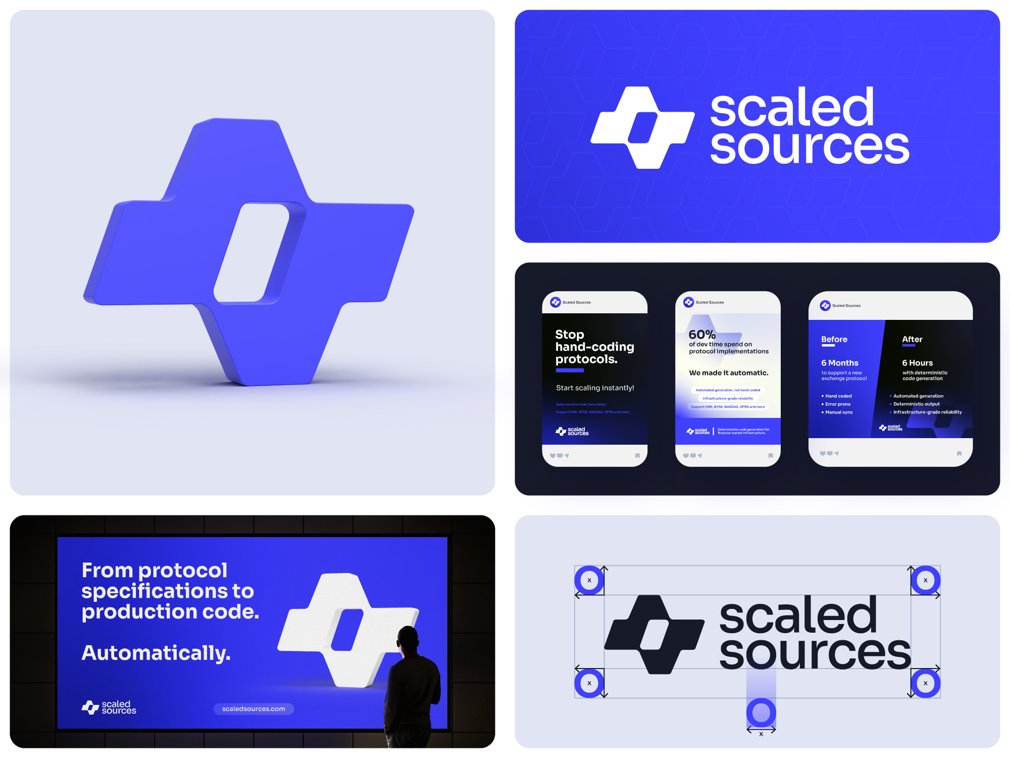 Multiple digital screens showcasing the branding and features of Scaled Sources, including a logo, slogan, and app interface with statistics and graphics related to protocol implementations and automation.