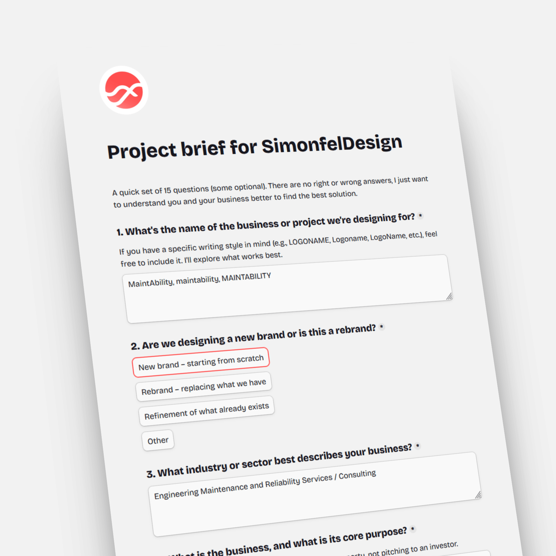 Screenshot of a questionnaire titled 'Project brief for SimonfelDesign' with a logo, introductory text, and numbered questions the client needs to answer.