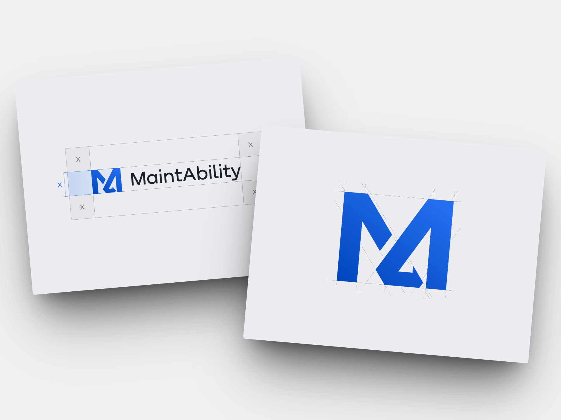 Two screenshots of the final logo design for MaintAbility, with logo clearspace, construction guides and design elements visible.