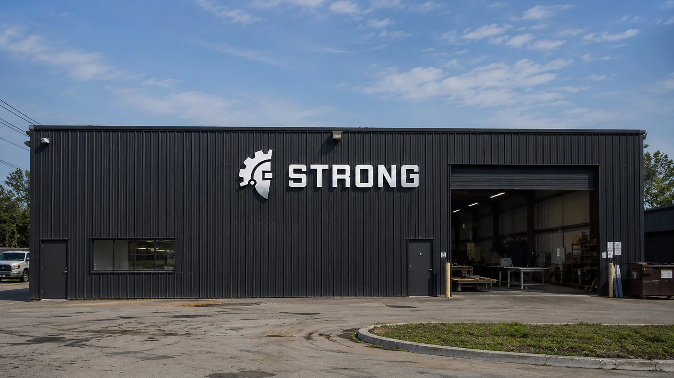The exterior of a building with a black metal facade and large silver signage that reads 'STRONG' with a logo resembling a spartan helmet combined with a welding mask.
