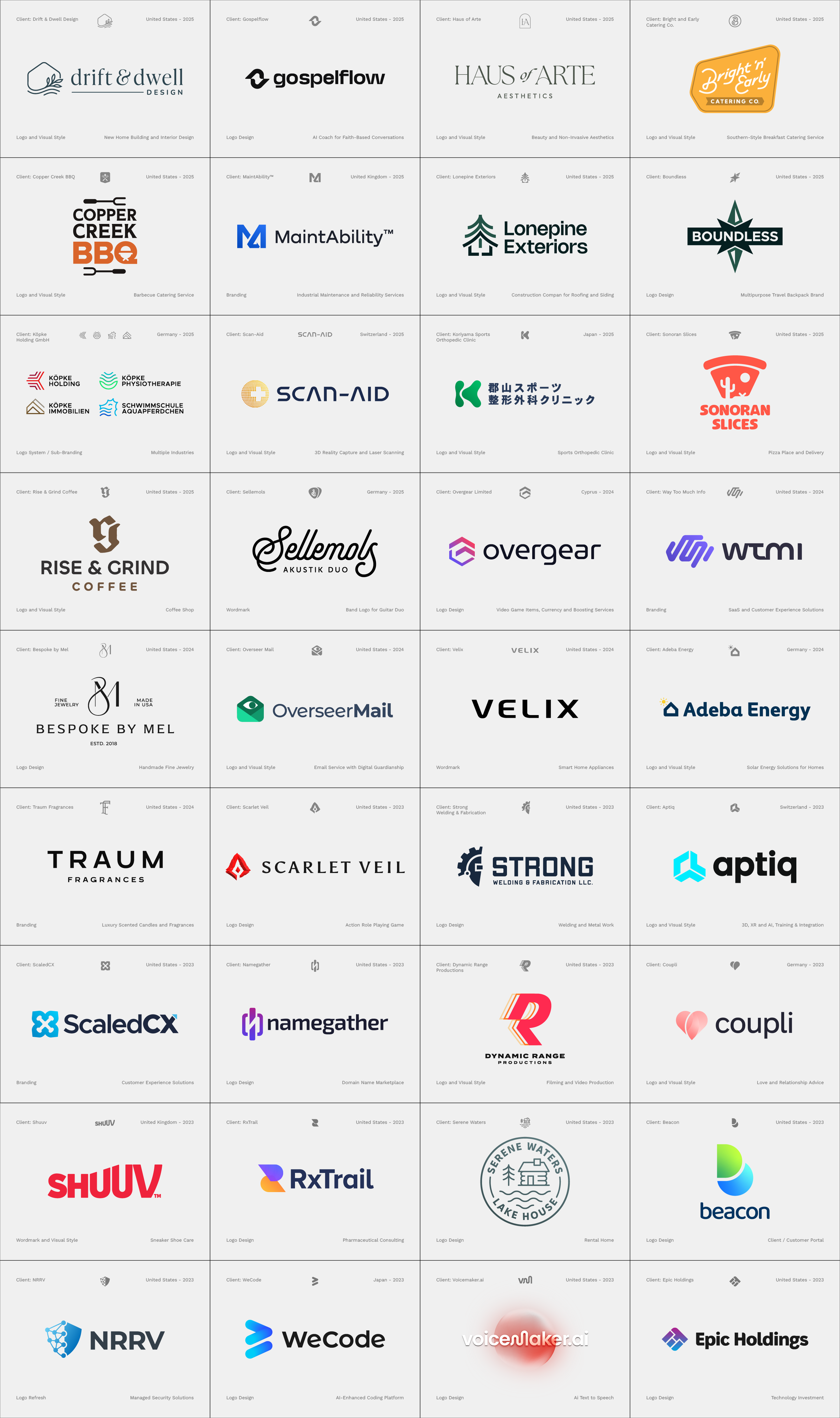 Grid of various company logos, including Drift & Dwell Design, Gospel Flow, Haus of Arte, Bright N Early Catering, Copper Creek BBQ, MaintAbility, Lonepine Exteriors, Boundless, Kópke Holding, SCAN-AID, 釧山スポーツ整形外科クリニック, Sonoran Slices, Rise & Grind Coffee, Sellmoly, Overgear, WTMI, Bespoke By Mel, OverseerMail, VELIX, Adeba Energy, Traum Fragrances, Scarlet Veil, Strong, Aptiq, ScaledCX, Namegather, Dynamic Range, Coupli, ShuuV, RxTrail, serene Waters Lake House, beacon, NRRV, WeCode, VoiceNaker.ai, Epic Holdings
