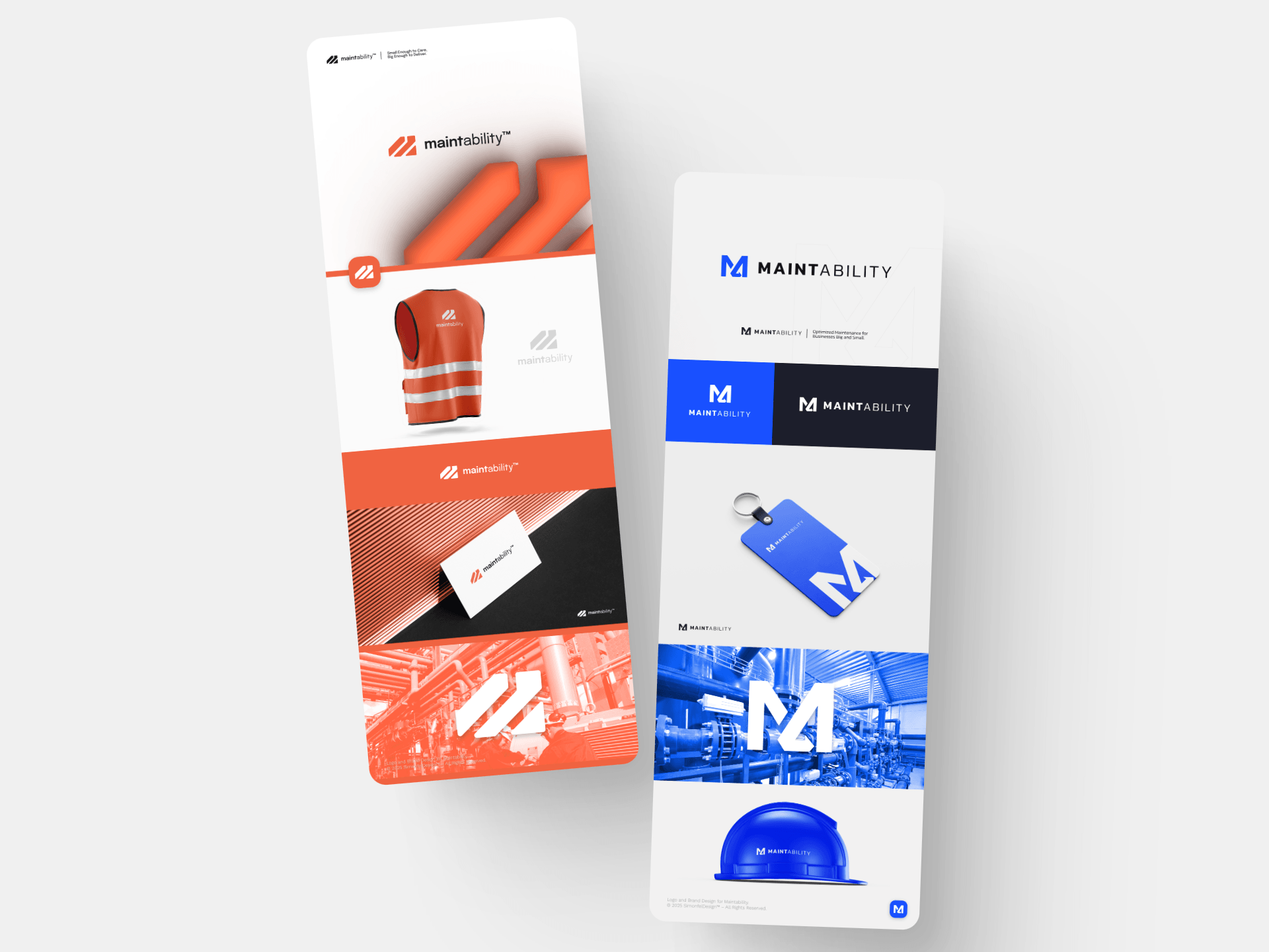 Two concept directions with design mockups for Maintability branding featuring industrial pipes in red and blue, safety vest, logo, and promotional materials.