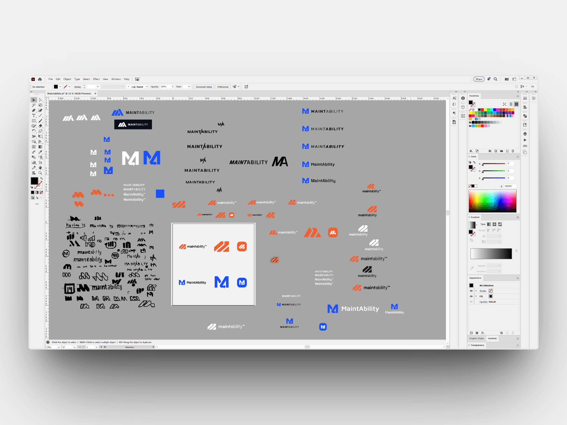 Screenshot of a graphic design workspace featuring various logo concepts and styles for the brand 'Maintability,' with color palettes and design tools visible.