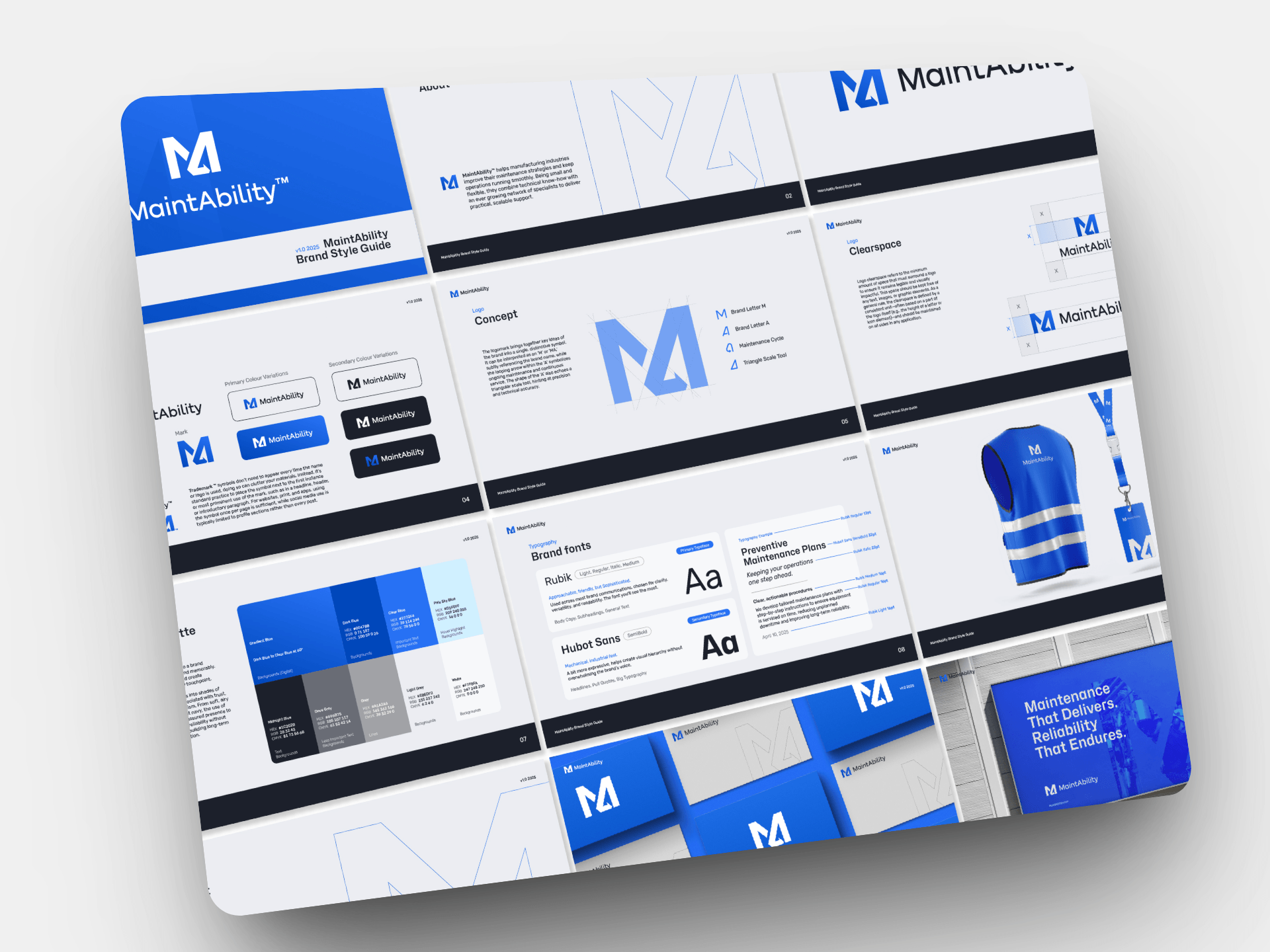 A branded style guide and branding materials for MaintAbility, including logos, fonts, color palettes, and corporate identity elements, displayed on a digital screen.