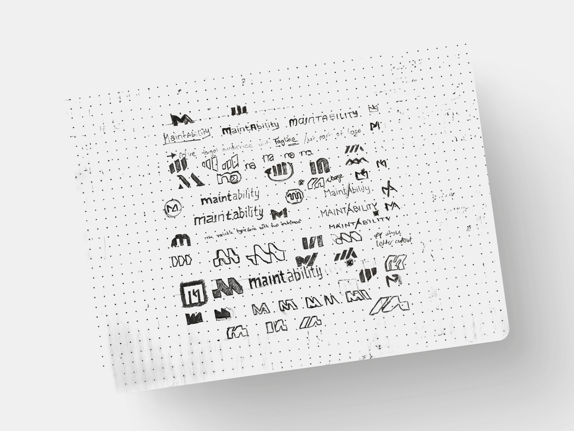 Sketches of various logo concepts and typography designs for the word 'Maintainability' on dotted grid paper.