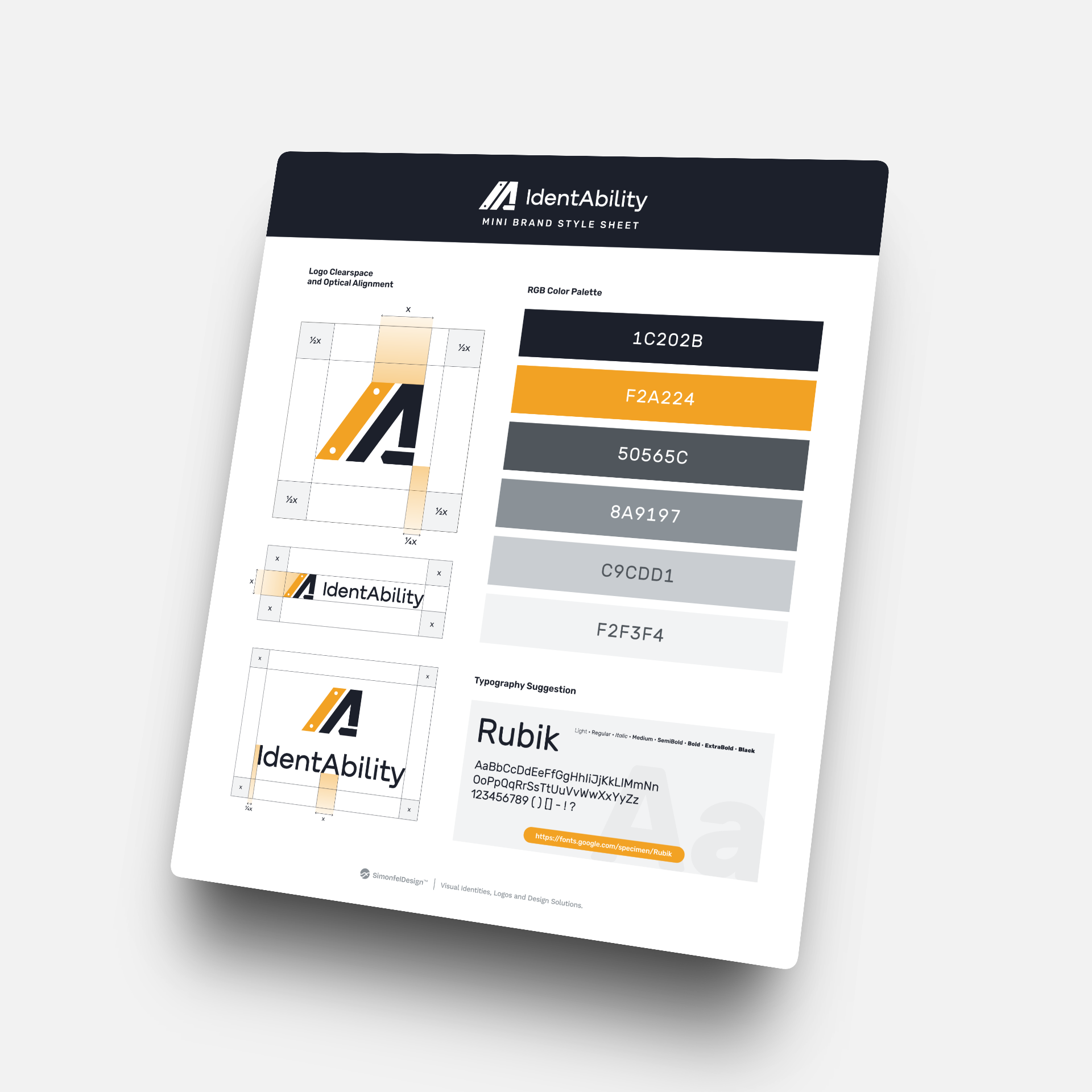 A style sheet titled 'IdentAbility Mini Brand Style Sheet' featuring logo clearspace, a color palette and typography suggestions.