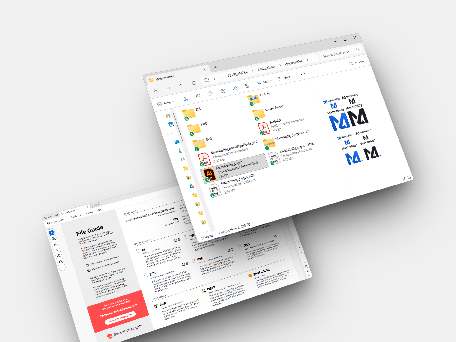 Screenshot of a computer screen showing a file explorer window with various folders and files related to design and branding.