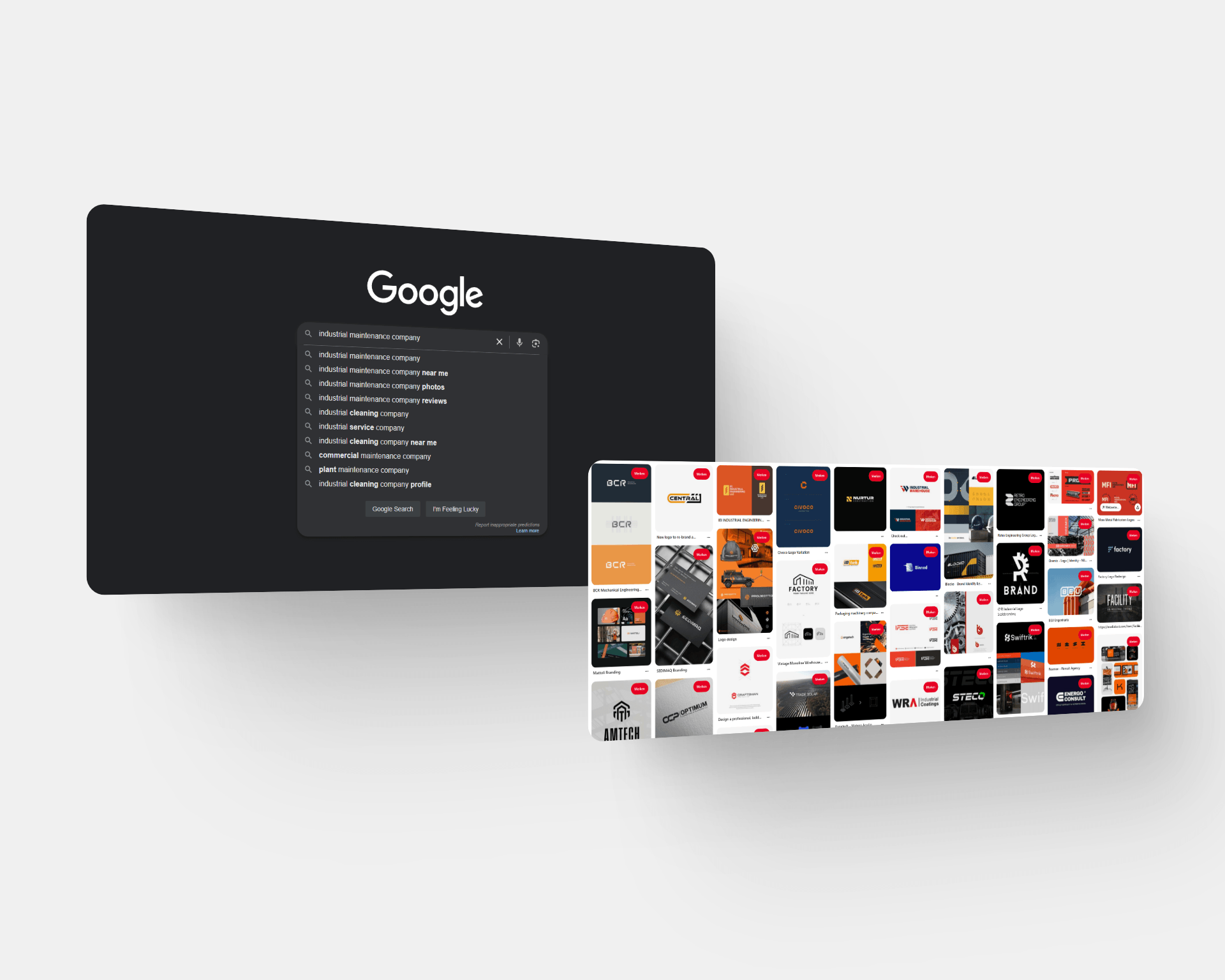 Computer screen displaying Google search page with search for industrial maintenance company and a thumbnail gallery of various branding and logo designs.