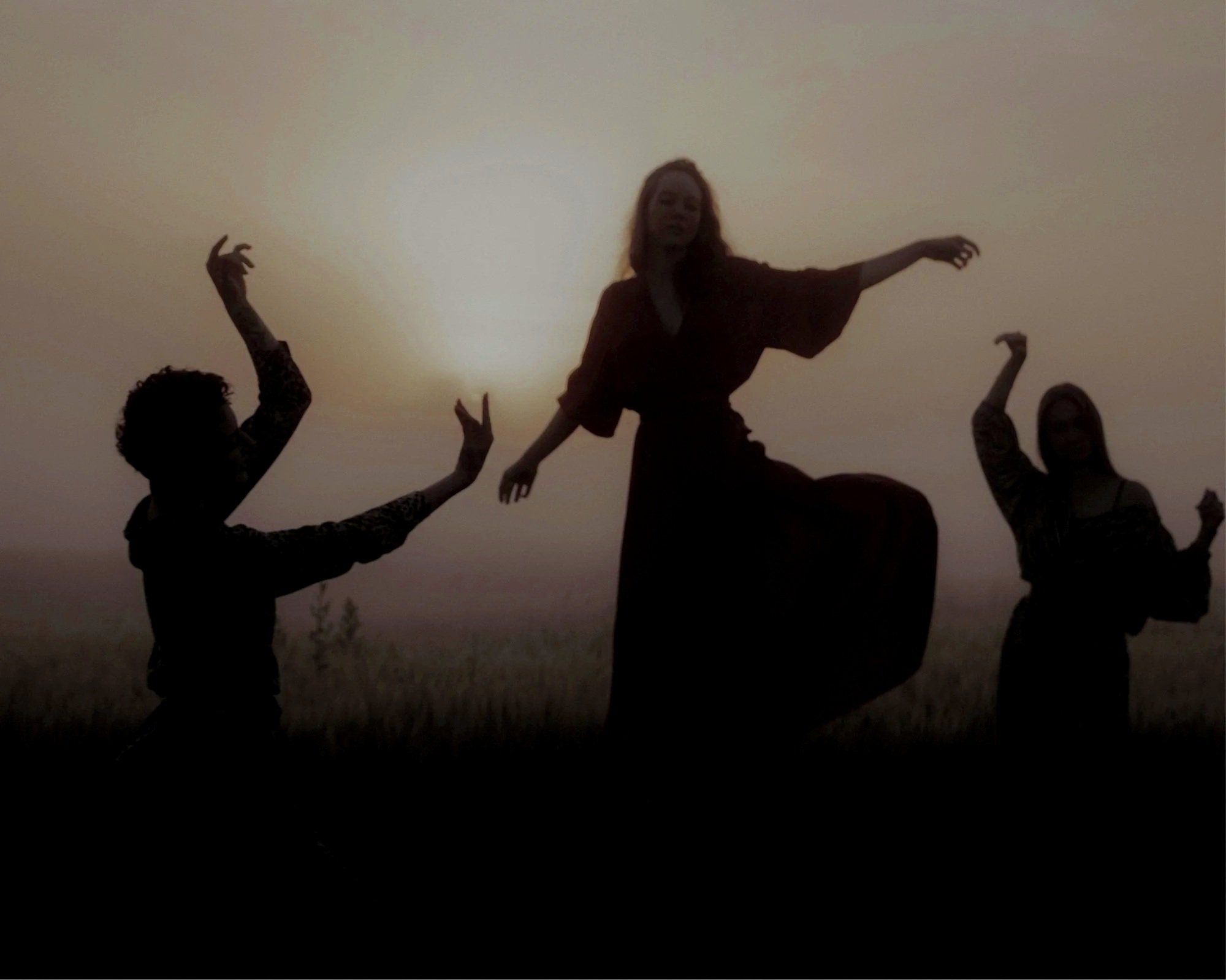 Silhouettes of three people in various dance poses against a sunset or sunrise sky, with a grassy field in the background.
