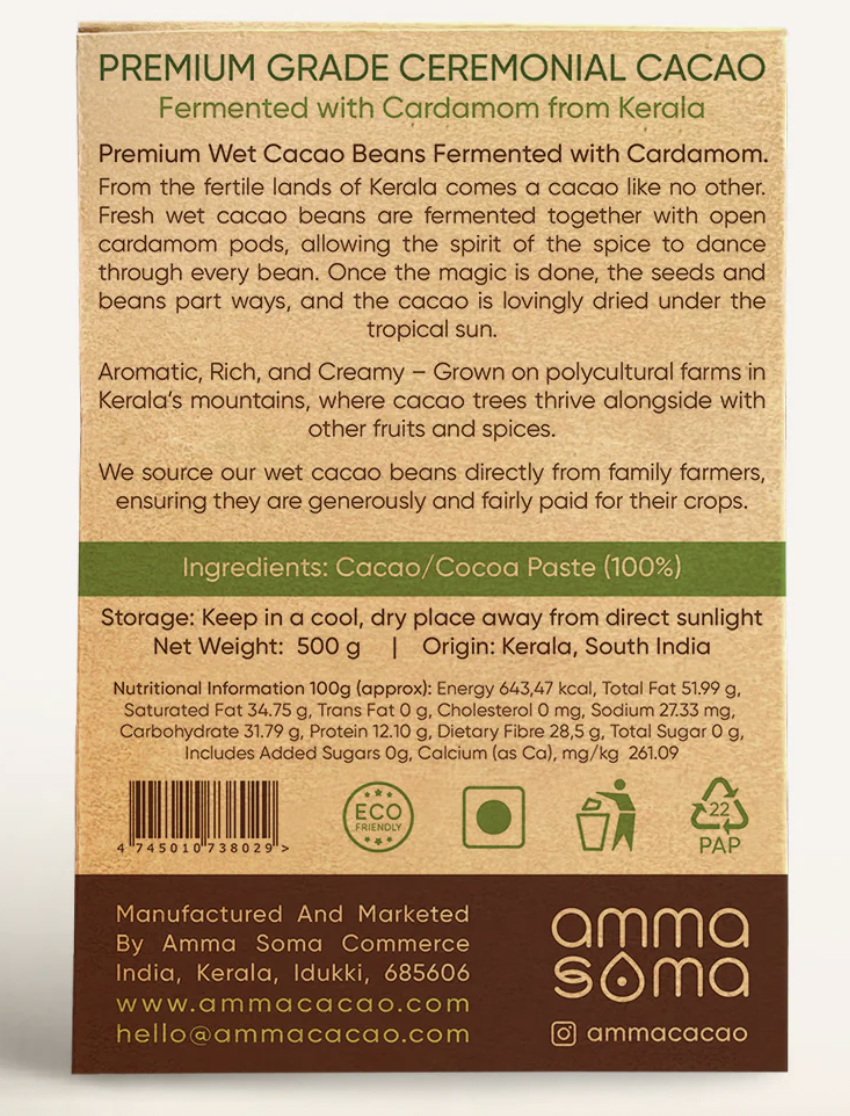 Ceremonial Cacao. Co-Fermented with Cardamom 500g Sold by ReNurture