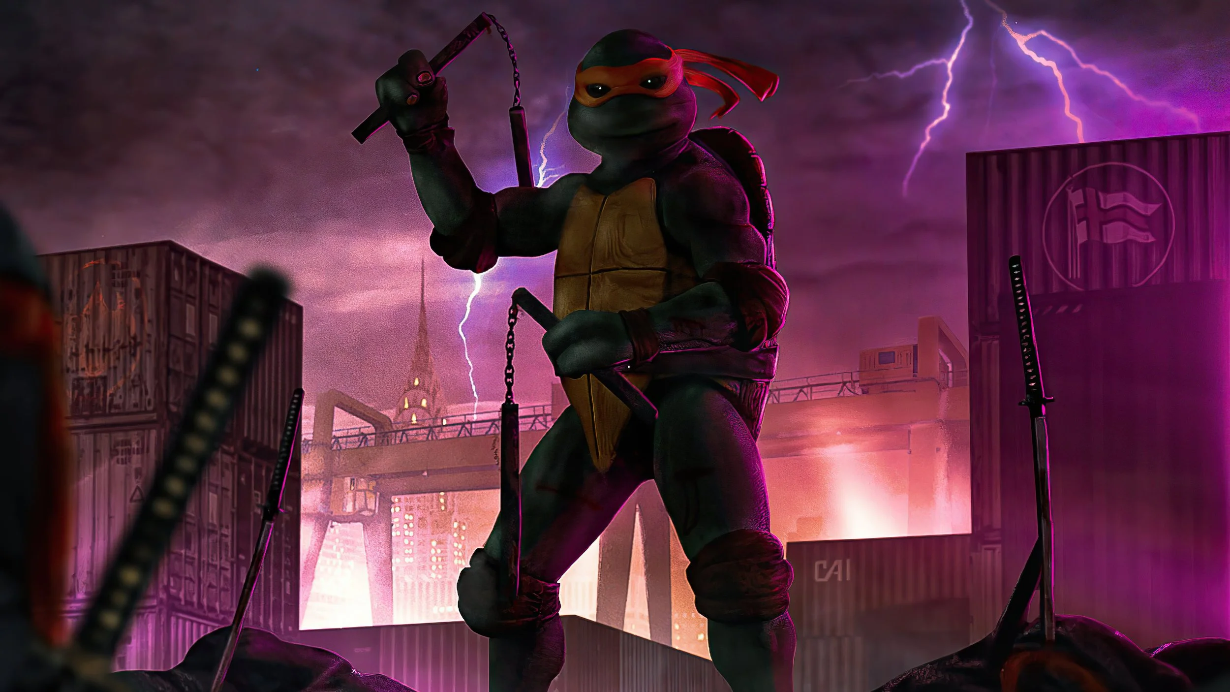 Ninja Turtles Michelangelo stands on a rooftop spinning his nunchuks