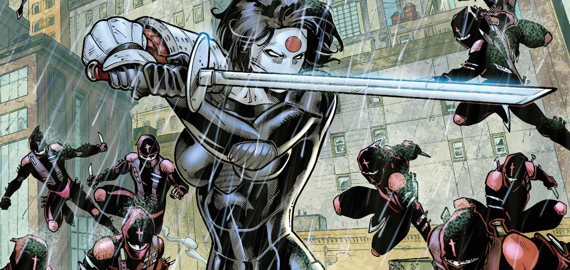 DC comics Katana wields the Soultaker sword while surrounded by ninjas.
