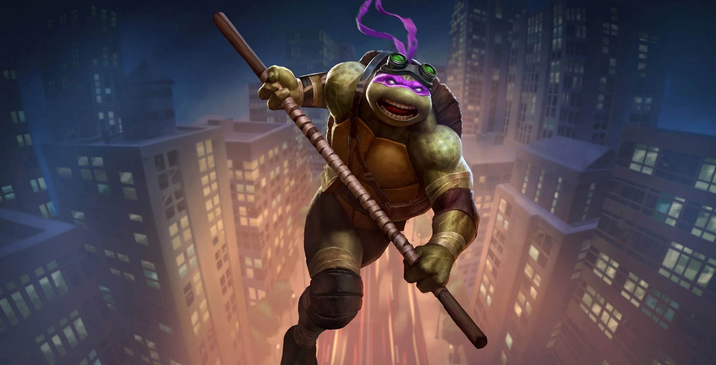Ninja Turtles Donatello snarls as he swings his bo staff