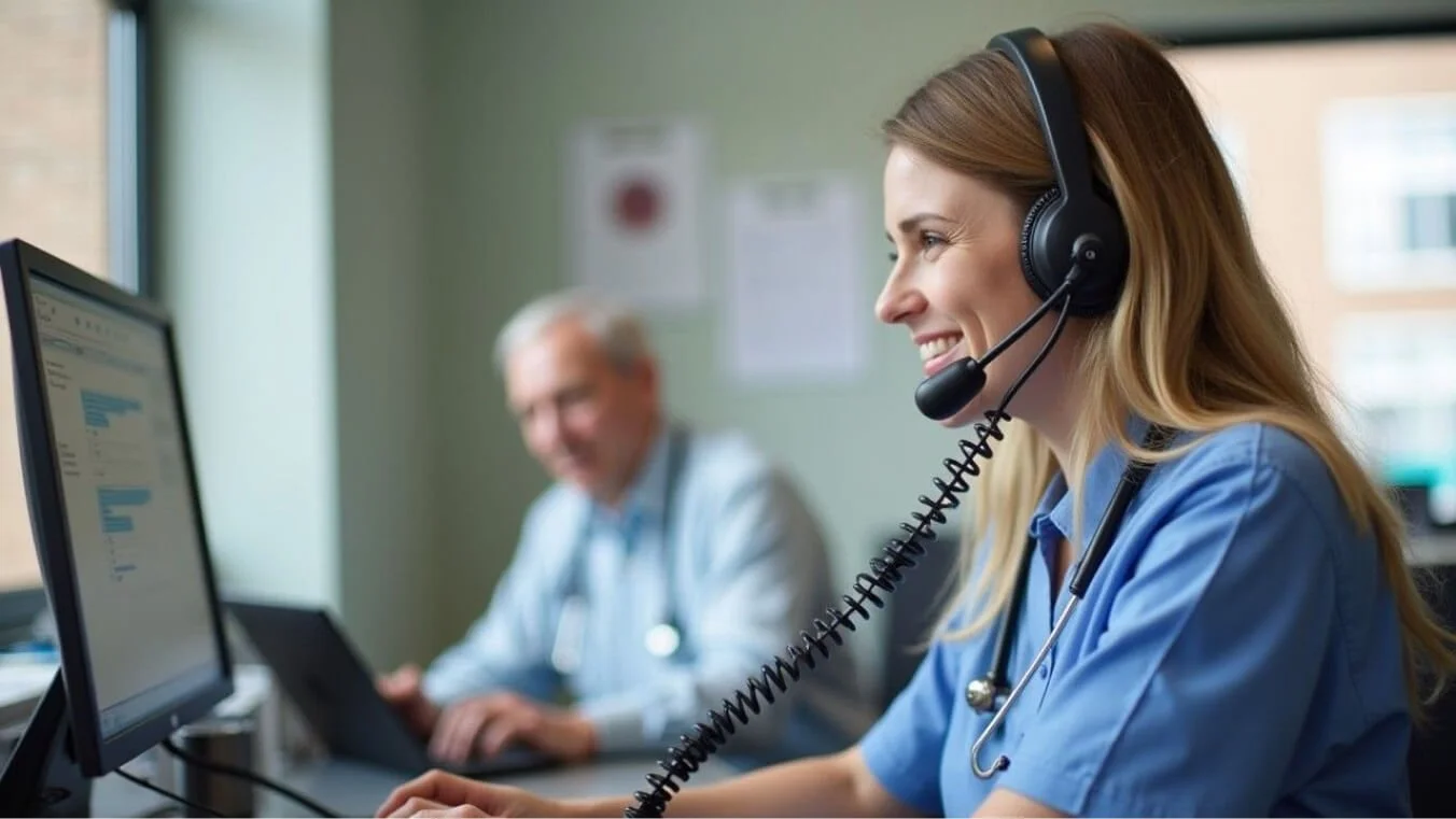 Nurse on a phone call, coordinating care for a veteran, reflecting the proactive healthcare support of the CVC program.