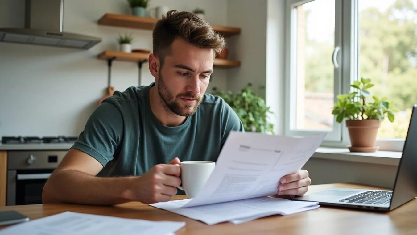A veteran reviewing DVA claim paperwork at home.