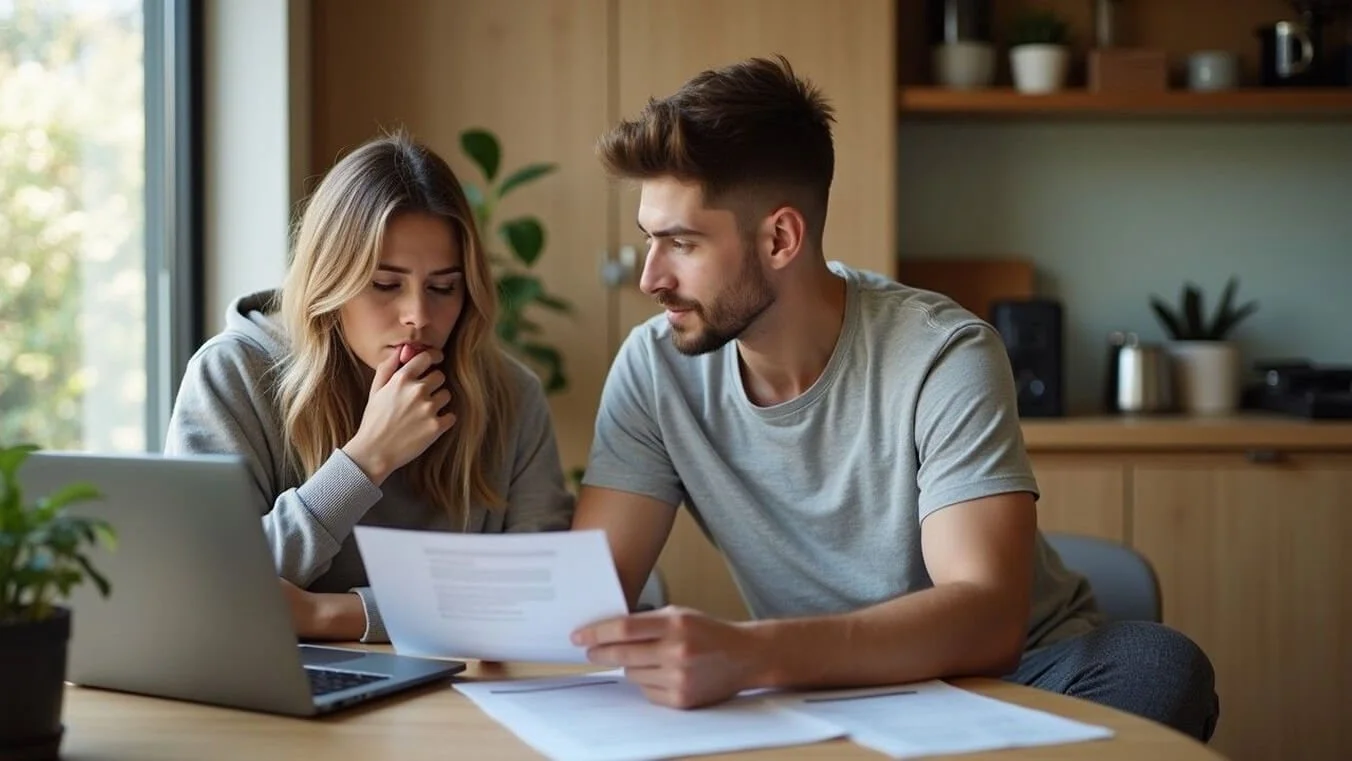 Young veteran couple in their twenties reviewing bruxism DVA points documentation together for impairment claim.