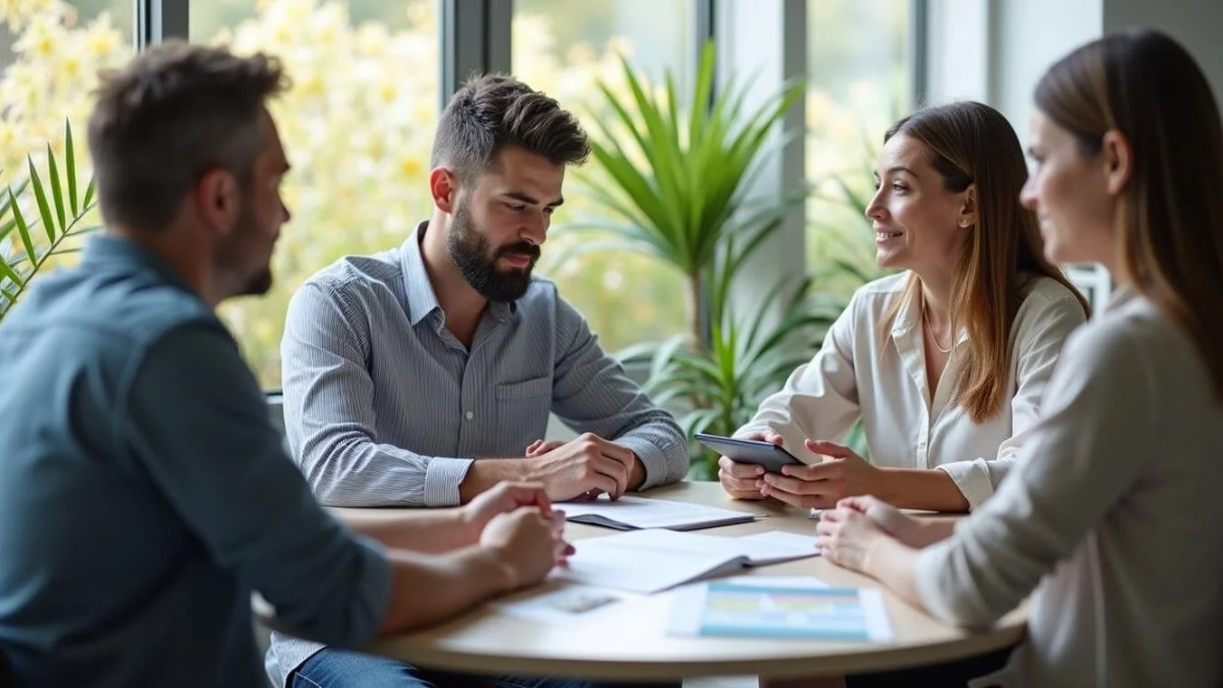 Veterans and families discussing hospice care options with a DVA healthcare coordinator in an Australian clinic.