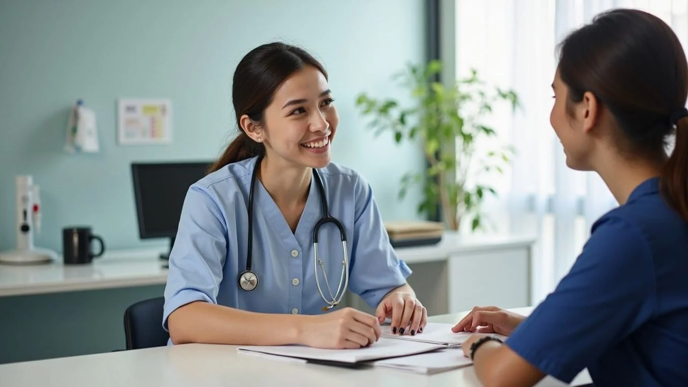 Female veteran consulting with healthcare provider about DVA appeal evidence.