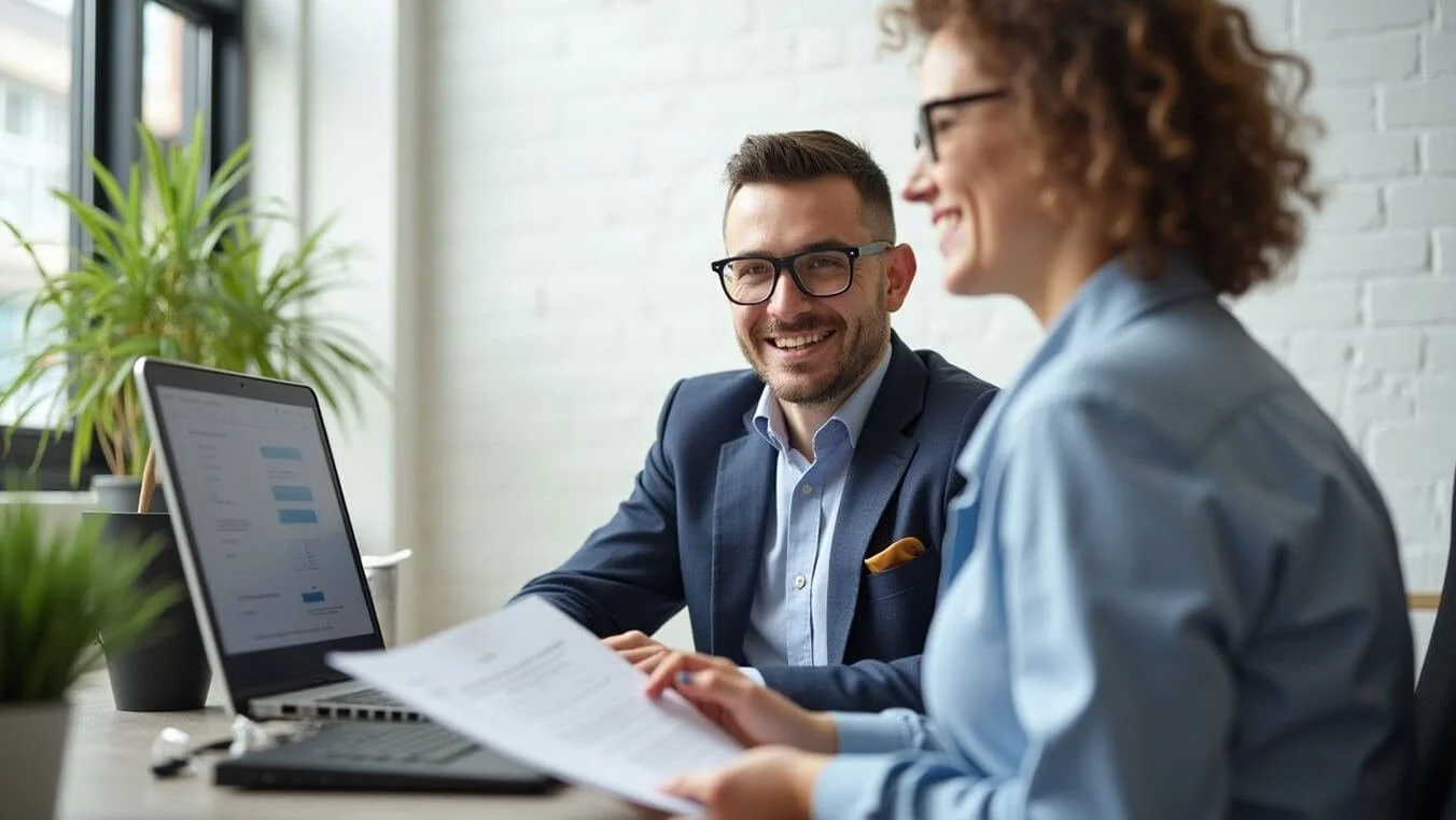 A veteran consulting with a claims specialist in a bright civilian office, holding impairment assessment documents.