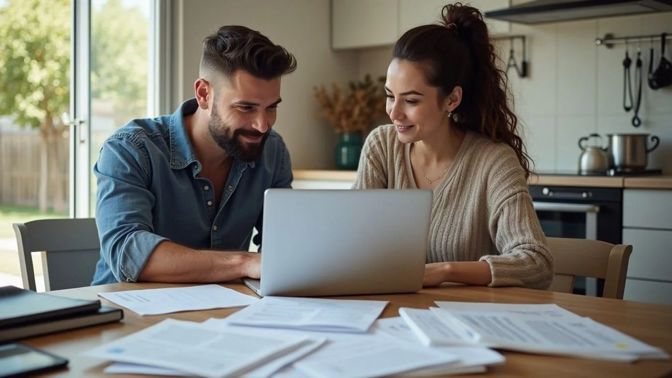 Australian veteran couple preparing DVA tinnitus claim documentation at home.