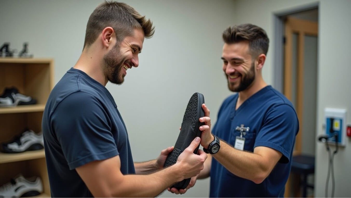 A young male veteran in his 30s tries on medical-grade footwear while a podiatrist ensures a proper fit in a modern clinic.