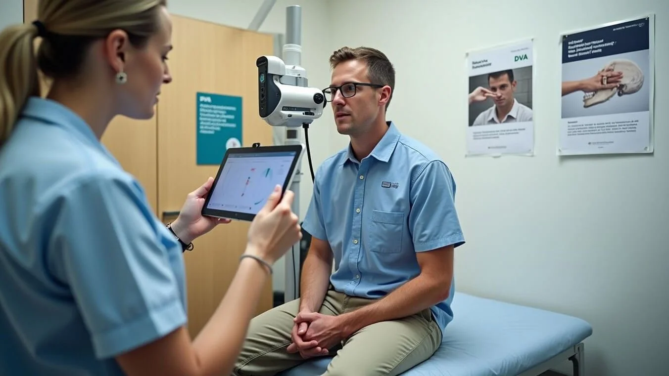 Young Australian veteran having jaw function assessed for bruxism, DVA points calculation during impairment evaluation.