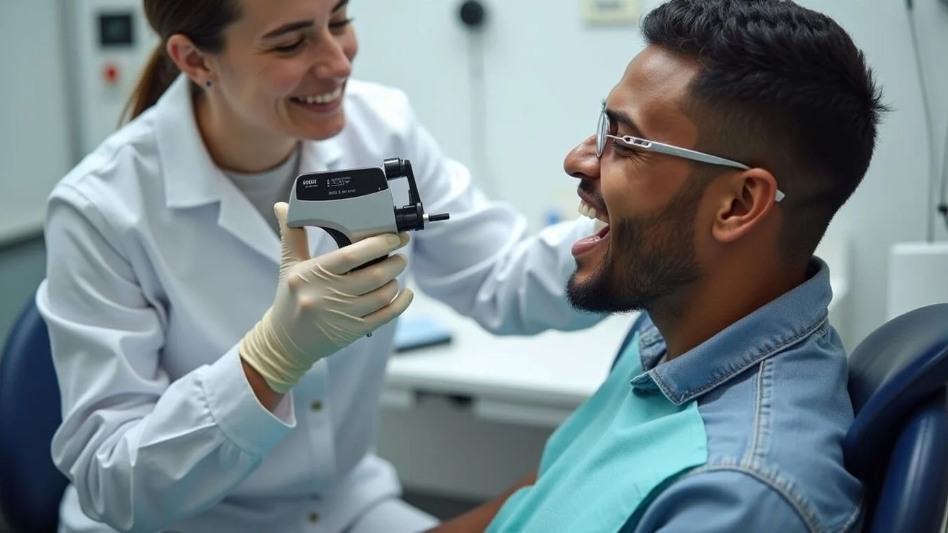 Australian veteran undergoing measurement for bruxism DVA points assessment at specialist clinic.