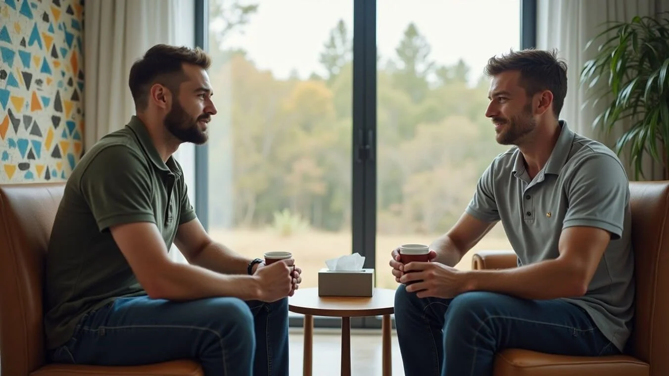 Young Australian veterans engaged in peer support counselling for end-of-life emotional wellness.