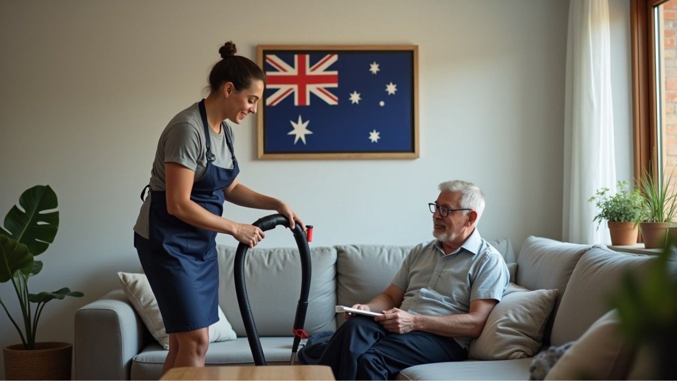 A male veteran receives professional cleaning services at home, relaxing while a cleaner vacuums nearby, showcasing DVA household support.