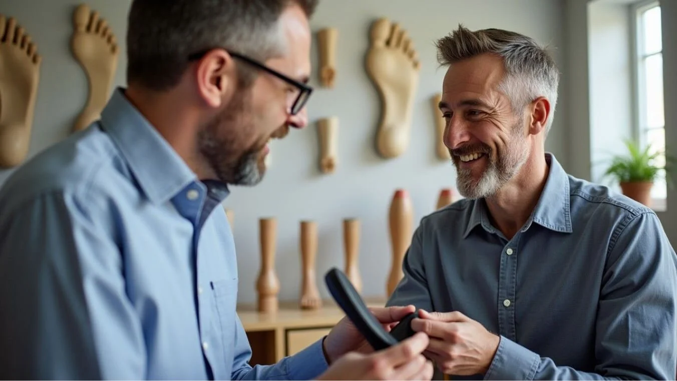 A male veteran in her early 30s consults with a podiatrist about custom orthotic devices in a bright and professional clinic.