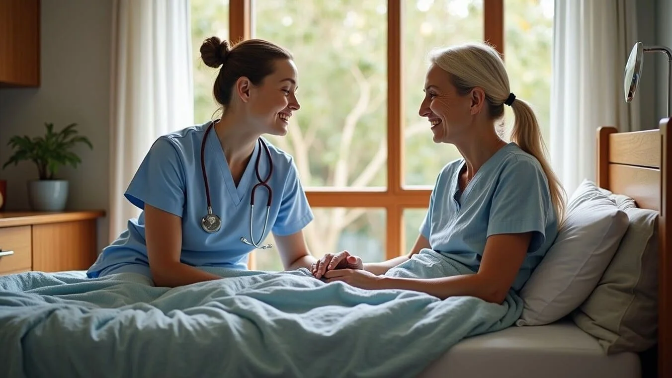 Female veteran receiving professional DVA-funded hospice nursing care in her Australian home.