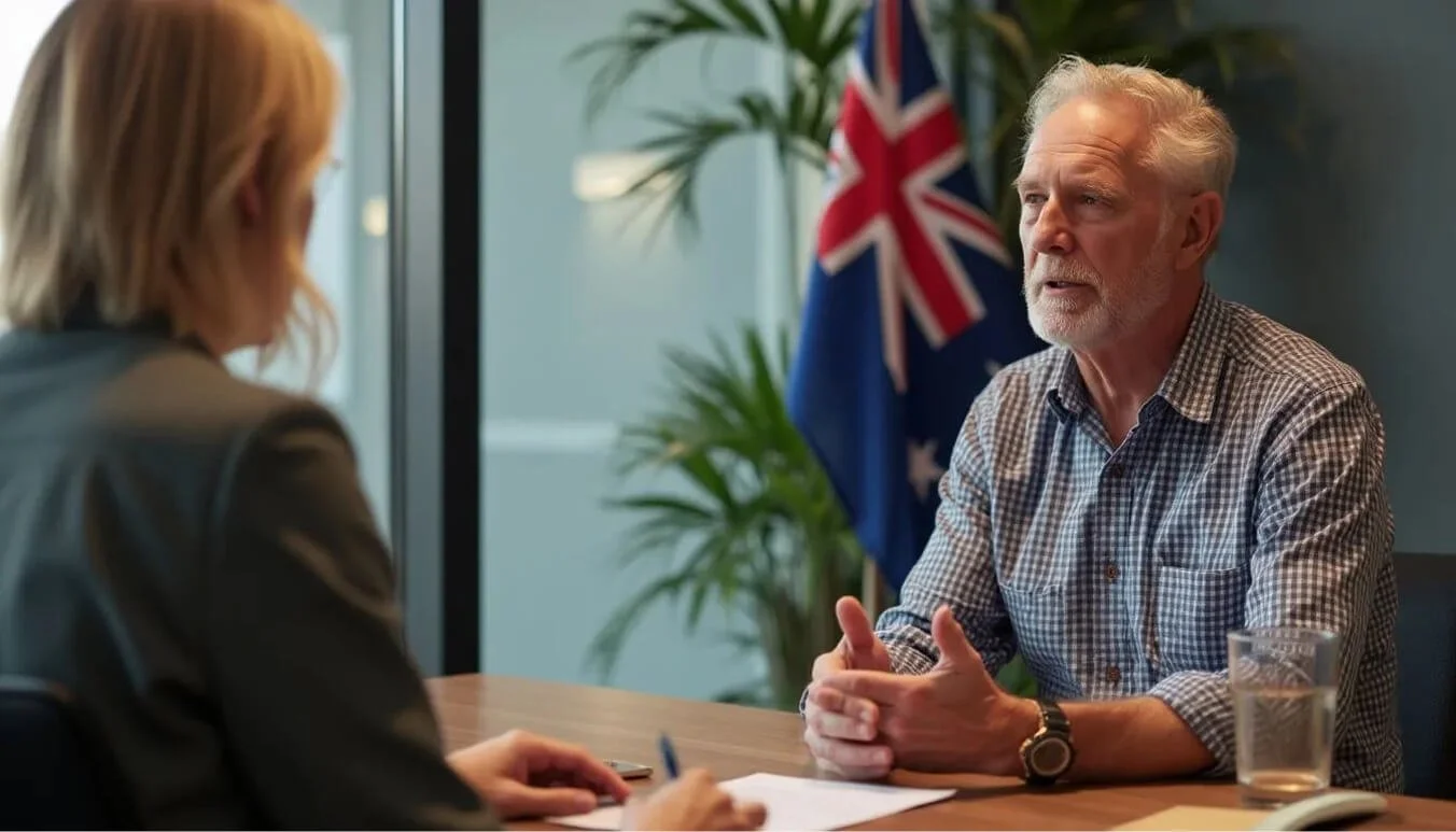 Middle-aged male veteran discussing TPI Gold Card benefits with an adviser.