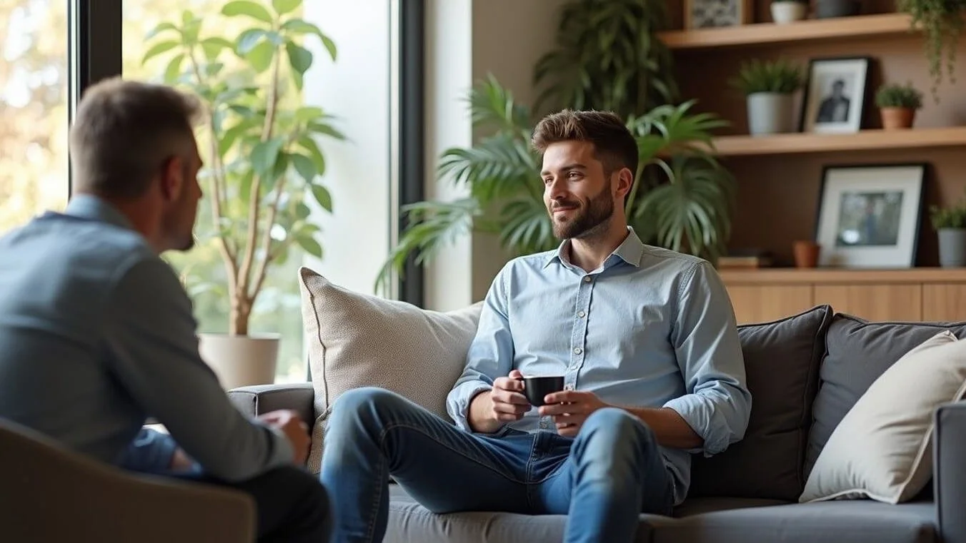 Australian veteran accessing mental health care programs through in-home counselling session.