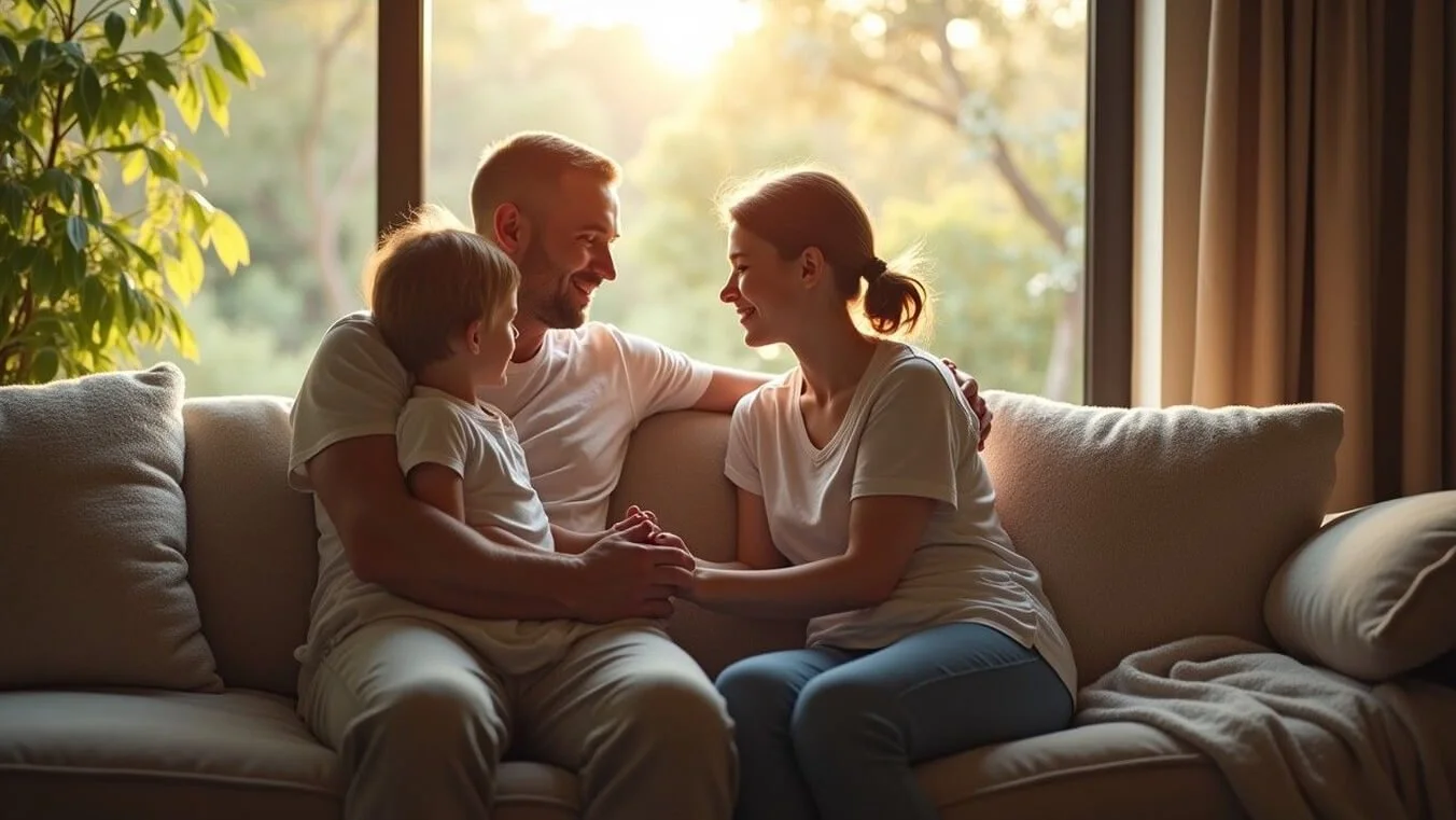 Young Australian veteran receiving hospice support at home with loving family providing comfort and care.