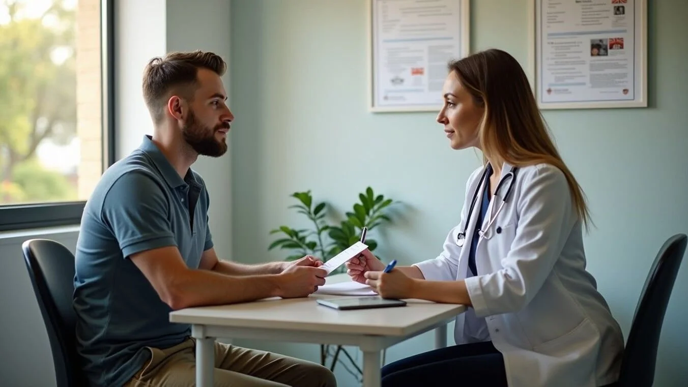 Young Australian veteran discussing DVA erectile dysfunction claims with medical professional in modern clinic setting.