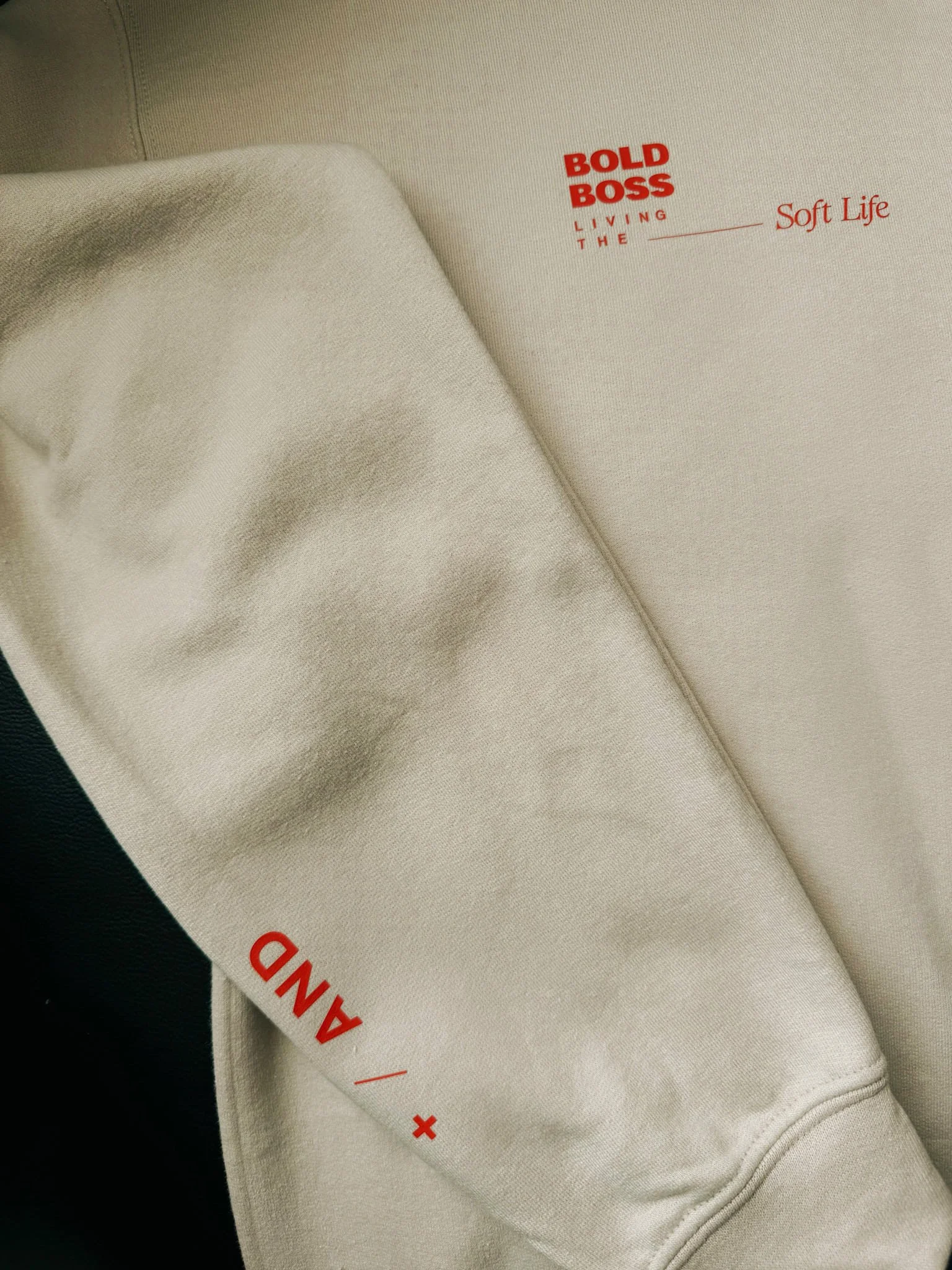 Close up detail of Bold Boss crewneck sweater