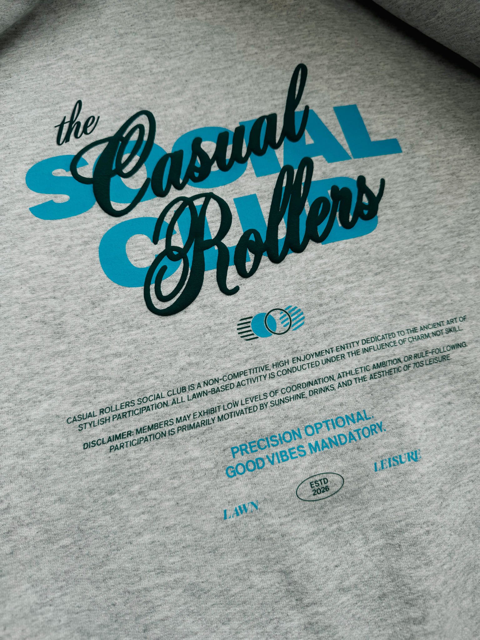 Close up of the design for Casual Rollers sweatshirt.