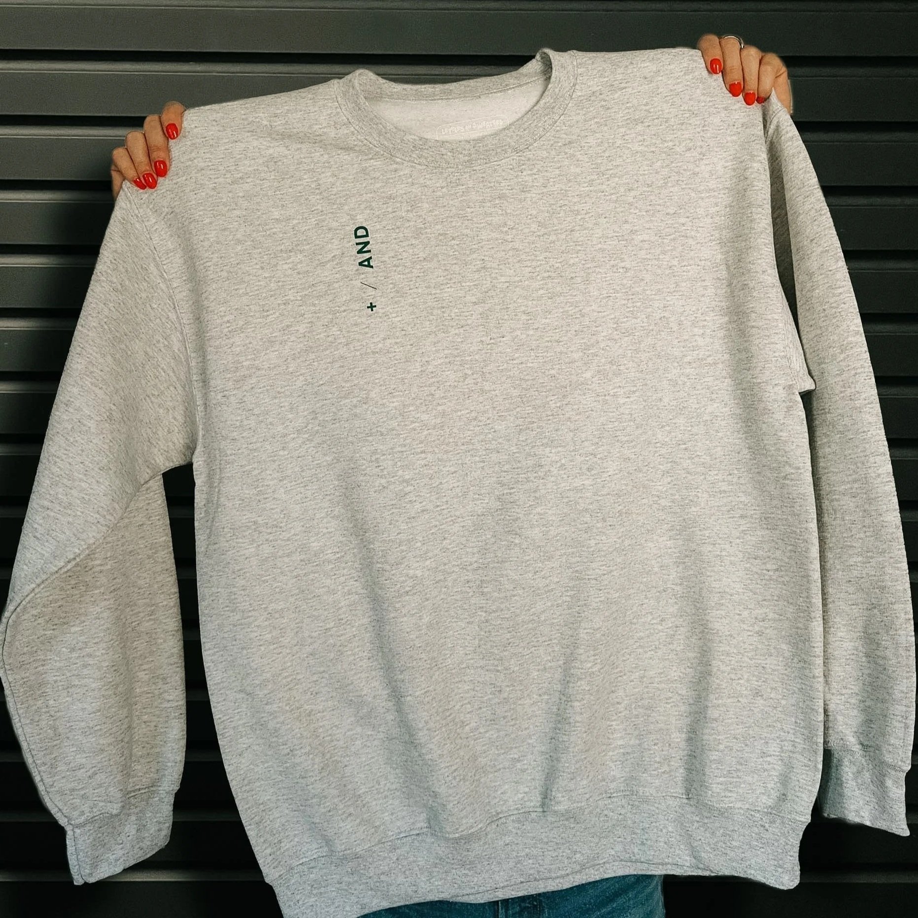 Holding up front of light grey crewneck sweatshirt with a logo design