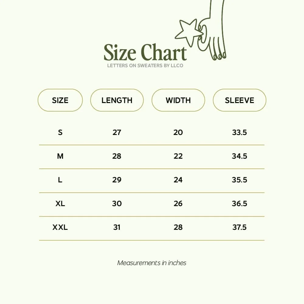 Size chart for crewneck sweaters sold by Letters on Sweaters.