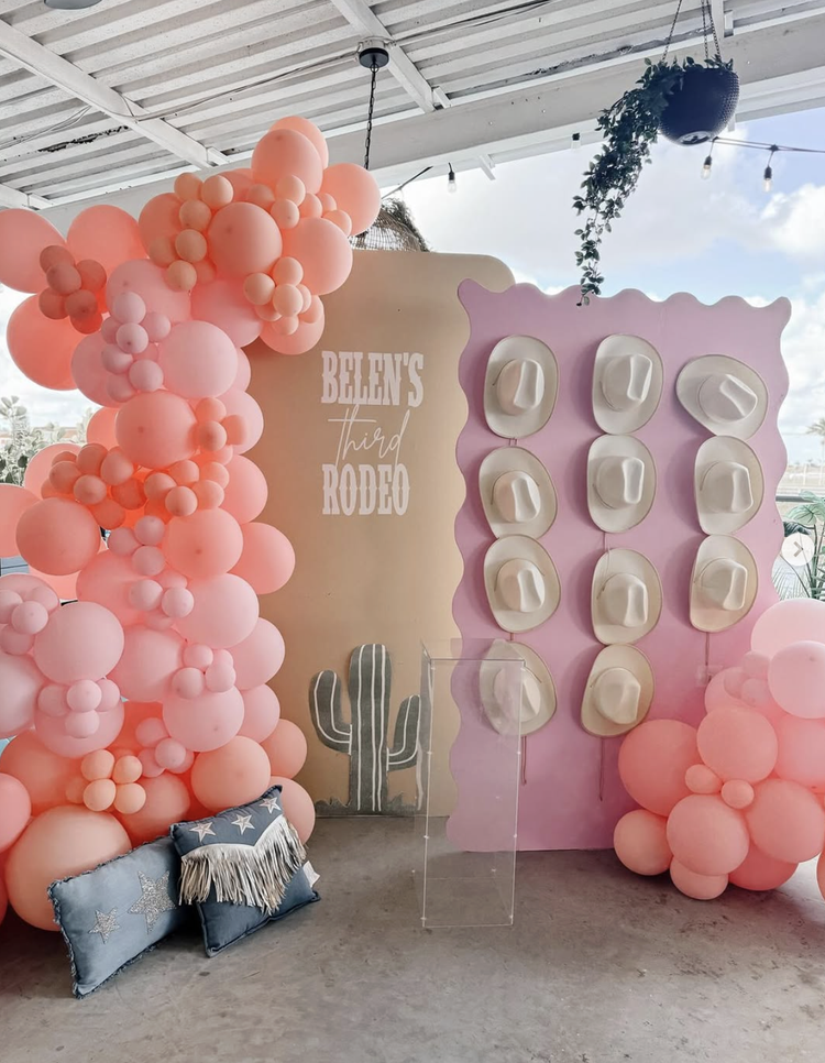 Balloon garland and themed backdrop for a kids birthday at La Yardita