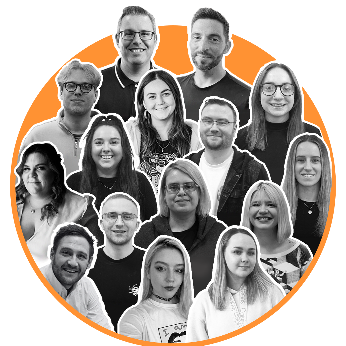 A collage of black-and-white portraits of 15 diverse young adults in a circular arrangement with an orange semi-circle background.