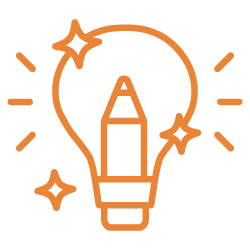 Light bulb icon with a pencil inside and lines indicating illumination, on a black background.