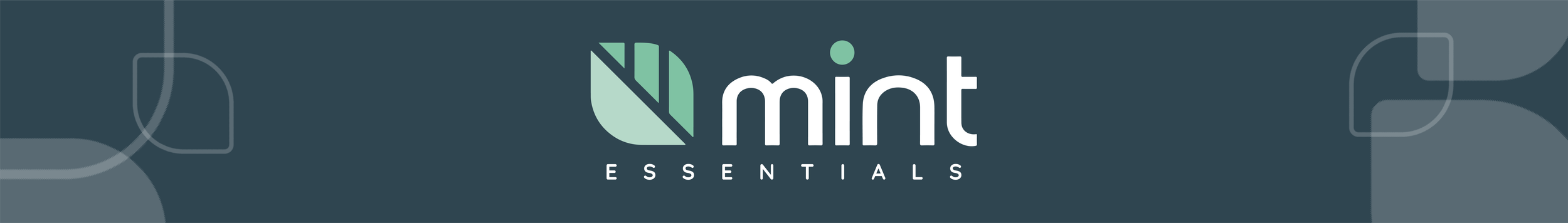 Mint Essentials logo on a dark background with geometric design elements.
